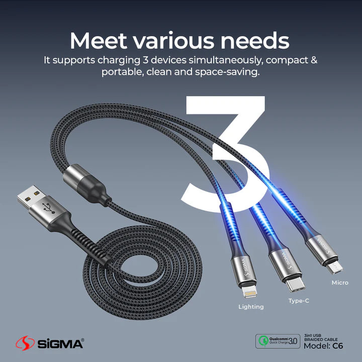 SIGMA C6 3 in 1 BRAIDED CABLE 3A