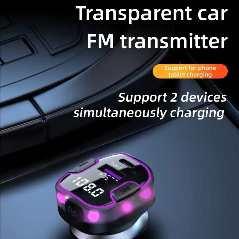 Wireless Car FM Transmitter BT V5.0 with Colorful LED Lights - Convenient MP3 Player with charge cable