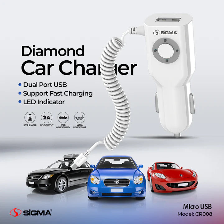 Sigma Diamond Series Micro Single USB Car Charger with Built-in micro cable - CR008