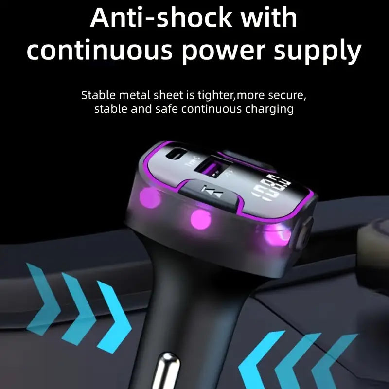 Wireless Car FM Transmitter BT V5.0 with Colorful LED Lights - Convenient MP3 Player with charge cable